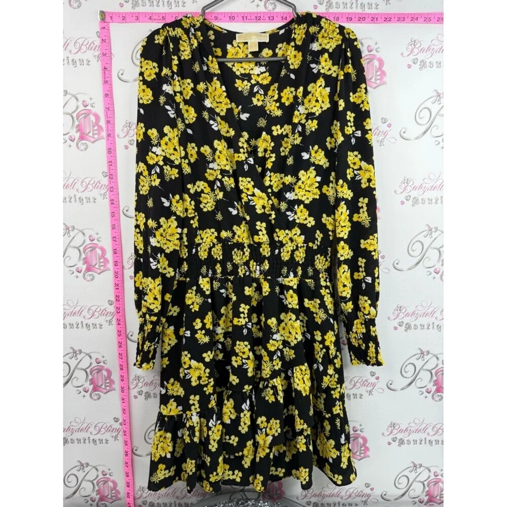 Michael Kors dress flowers V neck flowy Black Dress with Yellow Floral Print
